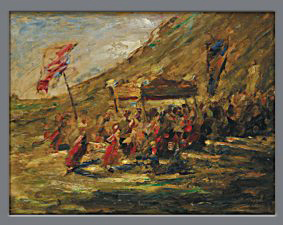 Rudolf Hesse (1871-1944): Fröhliche Fronleichnamsprozession auf dem Lande, 1925, Öl auf Holz, 50 x 60 cm