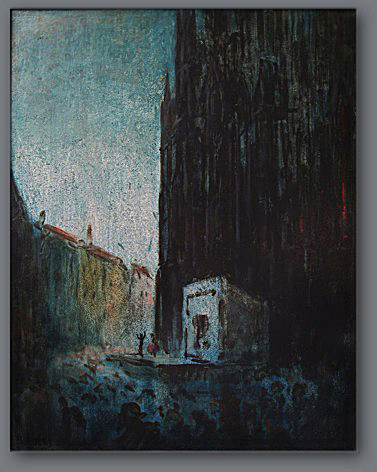 Rudolf Hesse (1871-1944): Gaukler vor dem Dom, Öl auf Holz, 68 x 47 cm