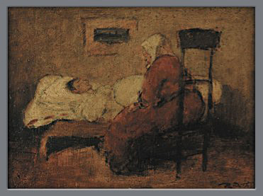 Rudolf Hesse (1871-1944): Am Krankenbett, ca. 1920, Öl auf Holz, 16 x 23 cm
