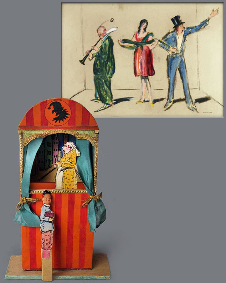 Rudolf Hesse (1871-1944): llustrierte Theaterszene, nach 1920, Gouache, Kohlezeichnung, 72,5 x 102 cm und ein mit vielen gezeichnet und kolorierten Figuren Puppenhaus-Puppentheater, 16 x 9 x 28 cm, ca. 1920