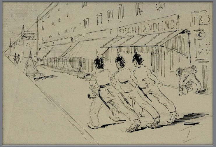 Rudolf Hesse (1871-1944): Straßenszene: Marschierenden Soldaten, ca. 1910, Federzeichnung, Bleistift, 45 x 29,5 cm