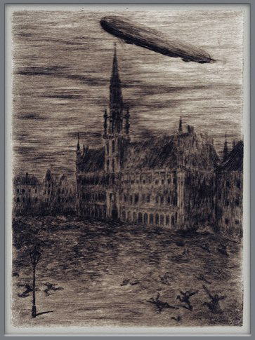 Rudolf Hesse (1871-1944): Zeppelin über München, o.J., Radierung, 27 x 19 cm