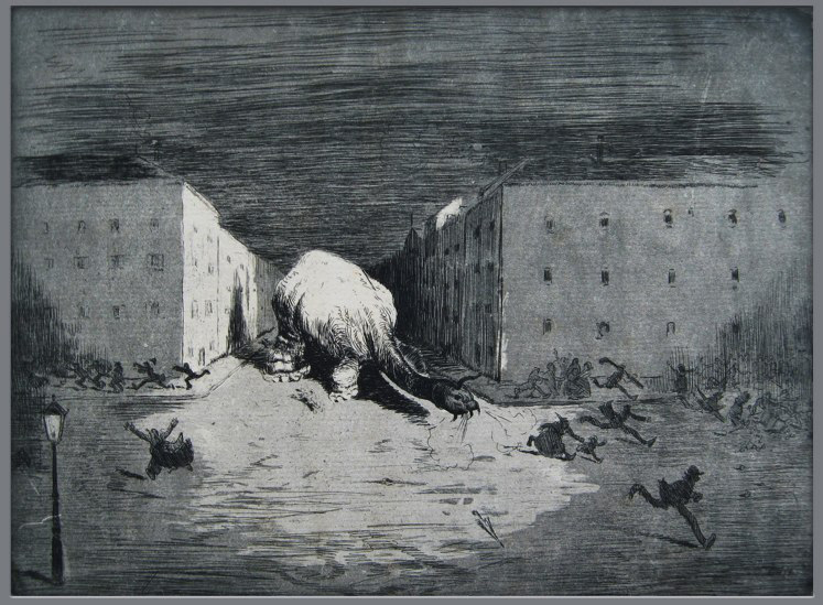 Rudolf Hesse (1871-1944): Das Ungeheuer in der Stadt, 1922, Radierung, 14,5 x 19,5 cm